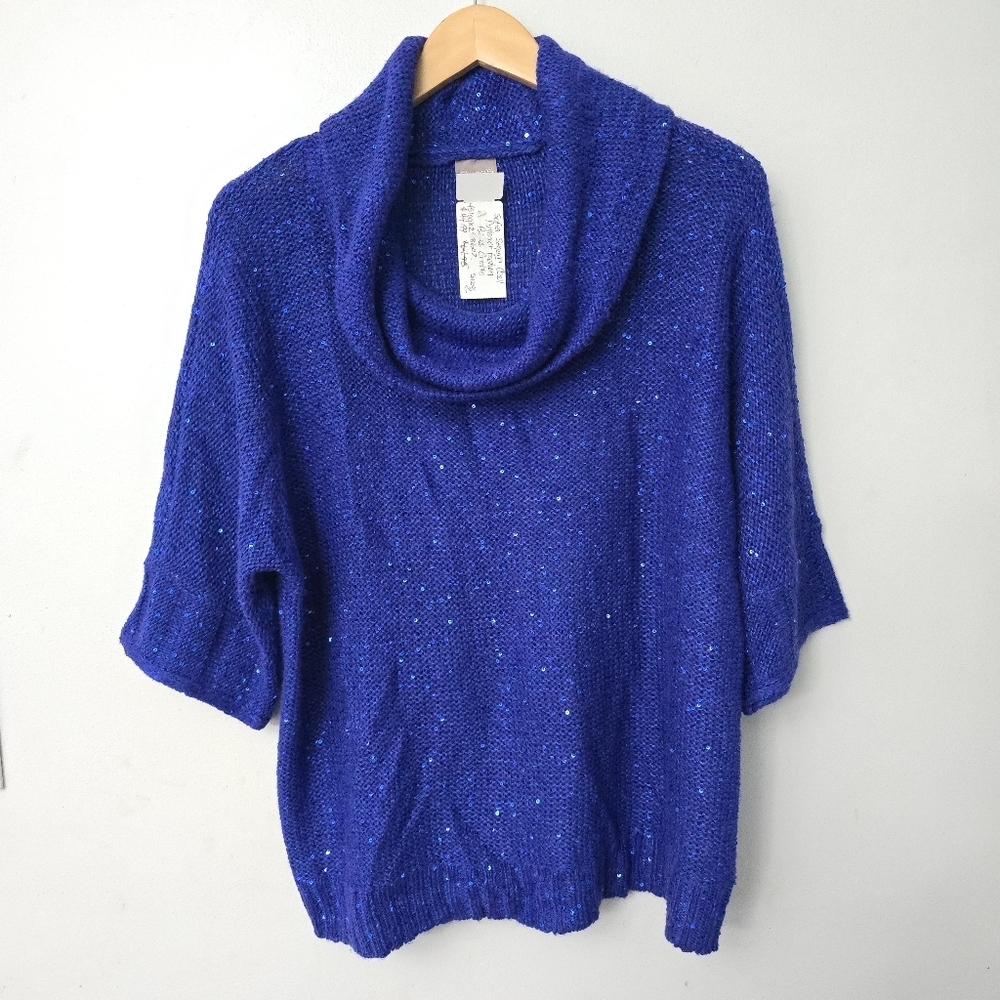 Chicos Sz 2 Large Sofia Sequin Cowl Neck Sweater Blue Grotto